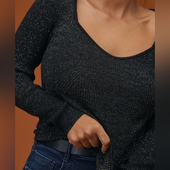 Anthropologie Black Metallic Pullover Sweetheart Sweater Size Medium - Picture 2 of 12